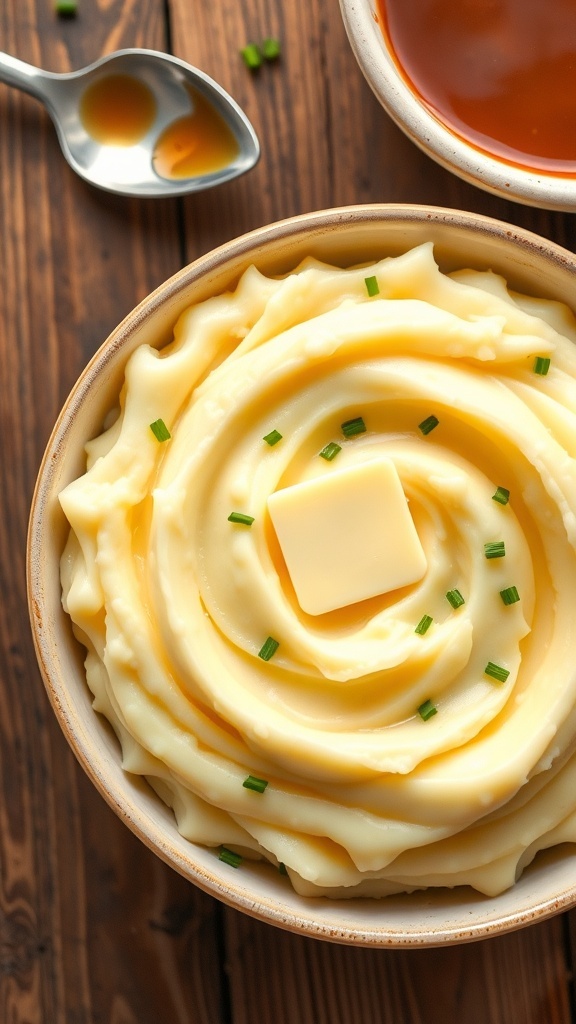A bowl of creamy mashed potatoes topped with butter and chives on a rustic table.